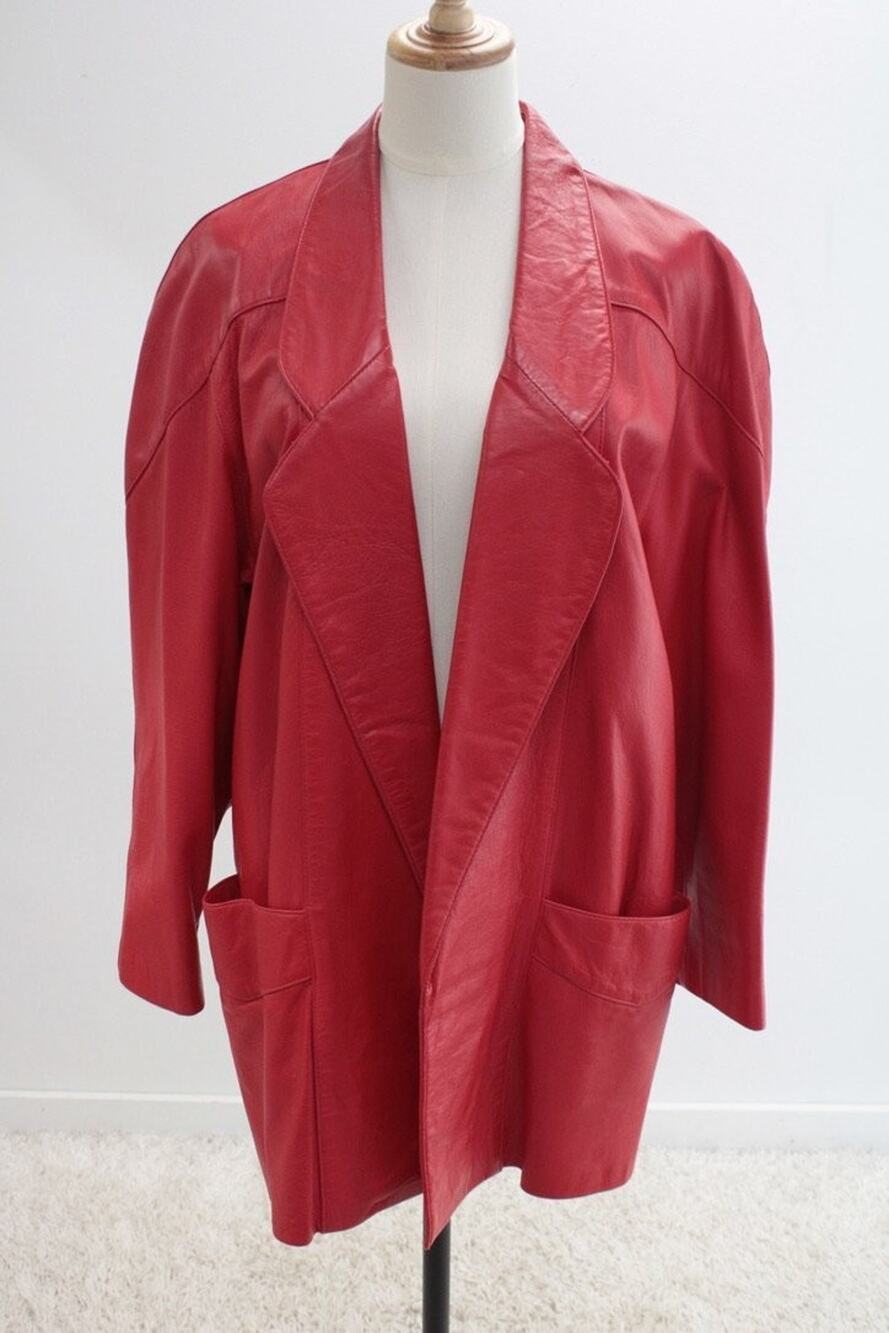 Vtg Rocco Red Leather Jacket Oversized Car Coat Womens M 1980s Mob Wife Blazer